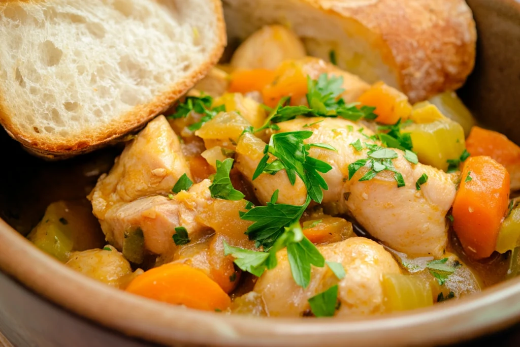 Bowl of chicken and vegetable stew garnished with fresh parsley
