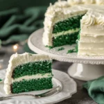 A slice of Green Velvet Cake with cream cheese frosting.