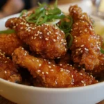 A bowl of golden-brown sesame chicken coated in a glossy sauce.