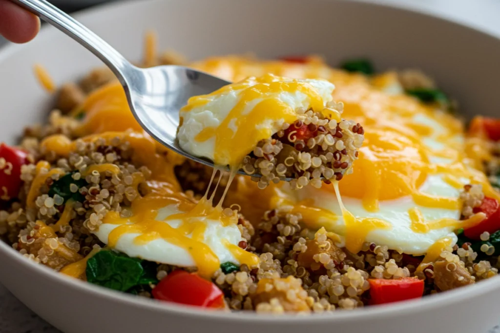 spoon scooping savory protein breakfast bowl