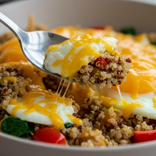 spoon scooping savory protein breakfast bowl