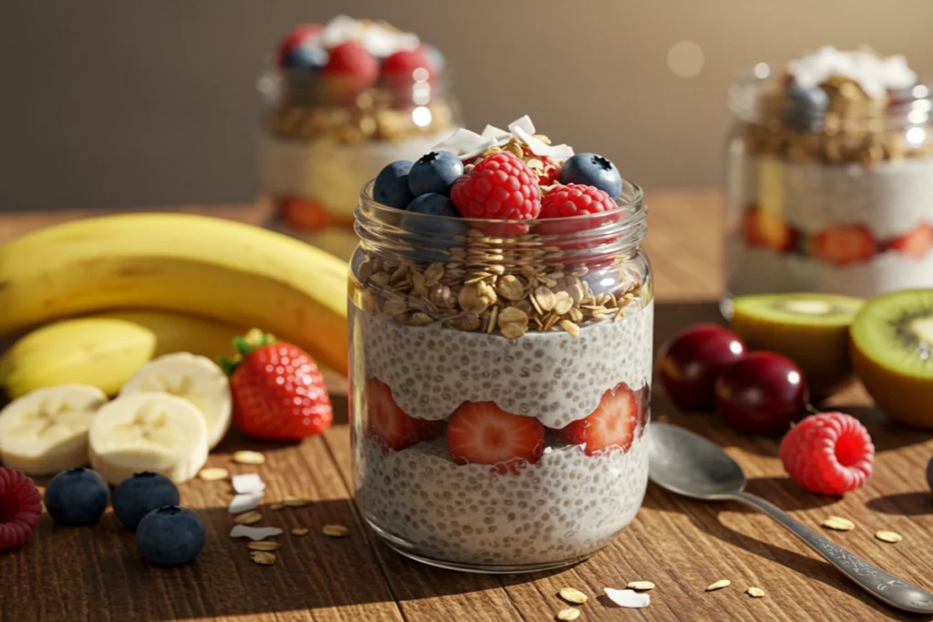 Vegan chia pudding parfait in glass jar