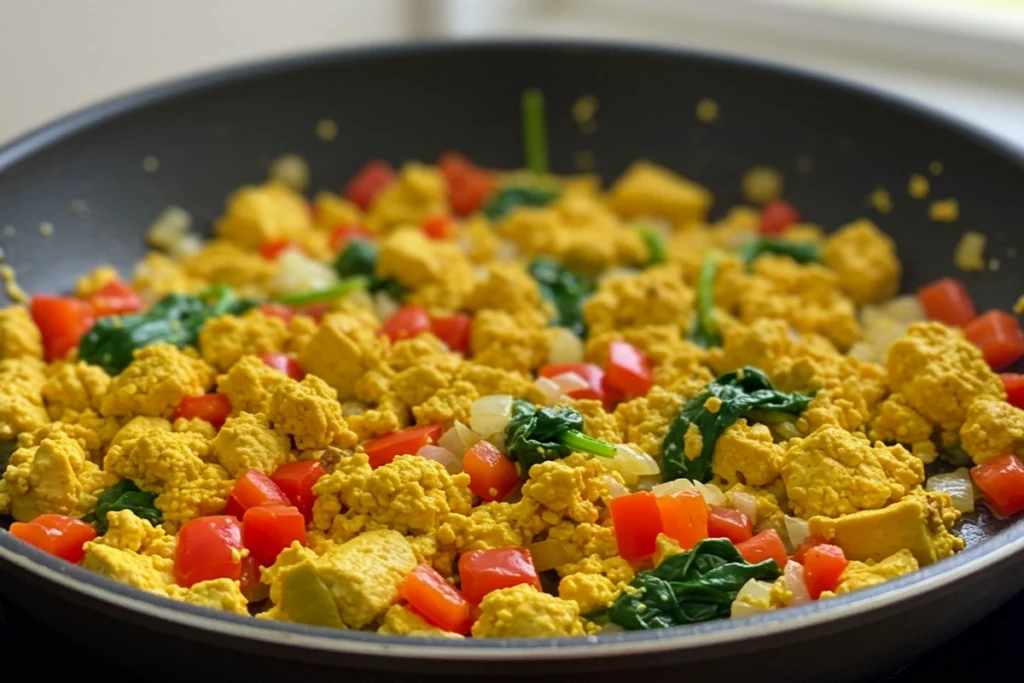 Tofu scramble in pan with veggies