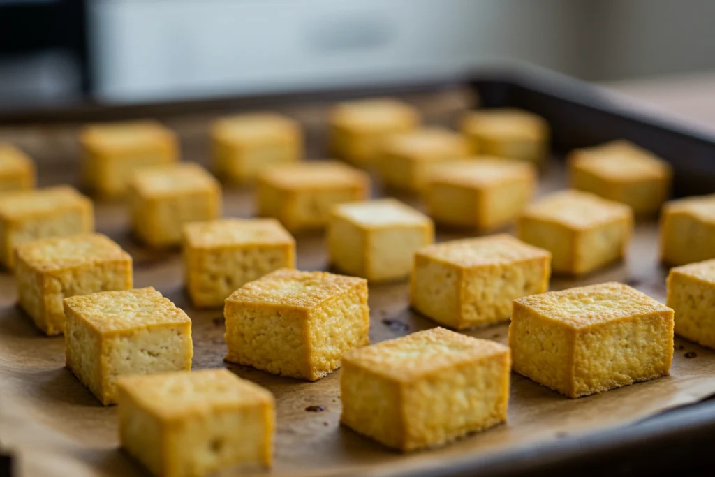 roasted tofu cubes on baking sheet
