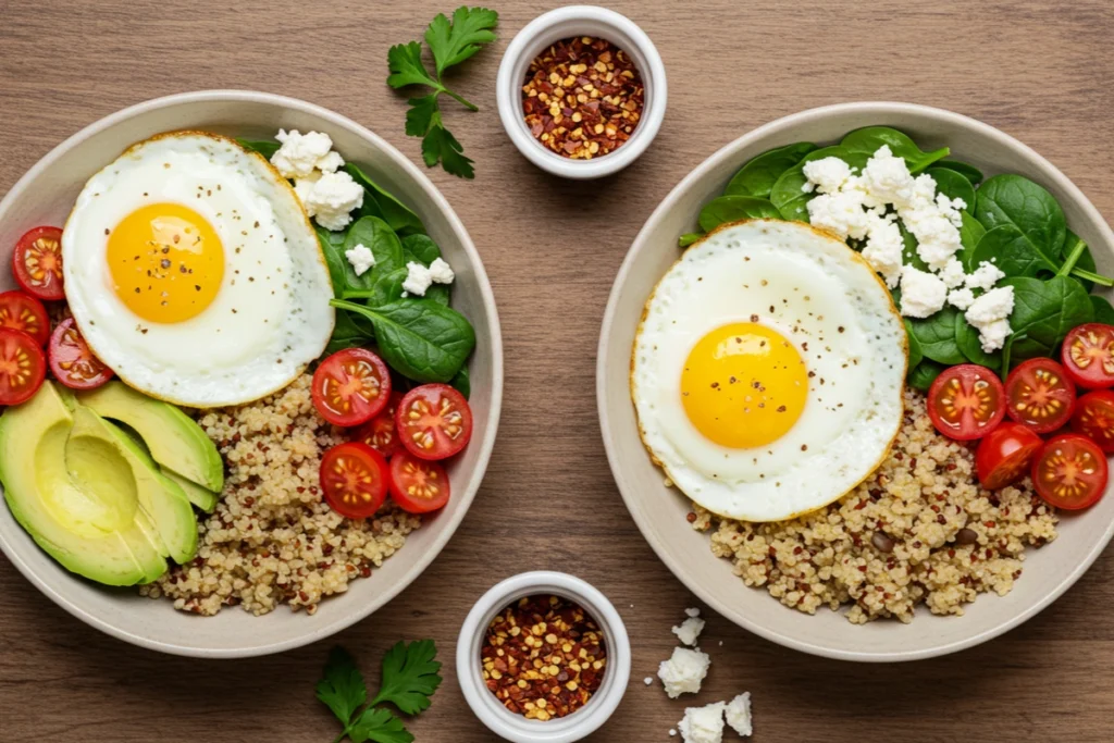 two savory breakfast bowls with protein and toppings