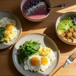 healthy breakfast ideas with eggs, tofu, and smoothie bowl