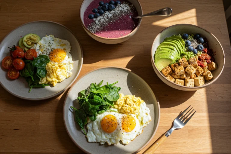 healthy breakfast ideas with eggs, tofu, and smoothie bowl
