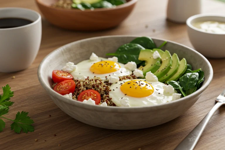 savory protein breakfast bowl in a sunlit kitchen