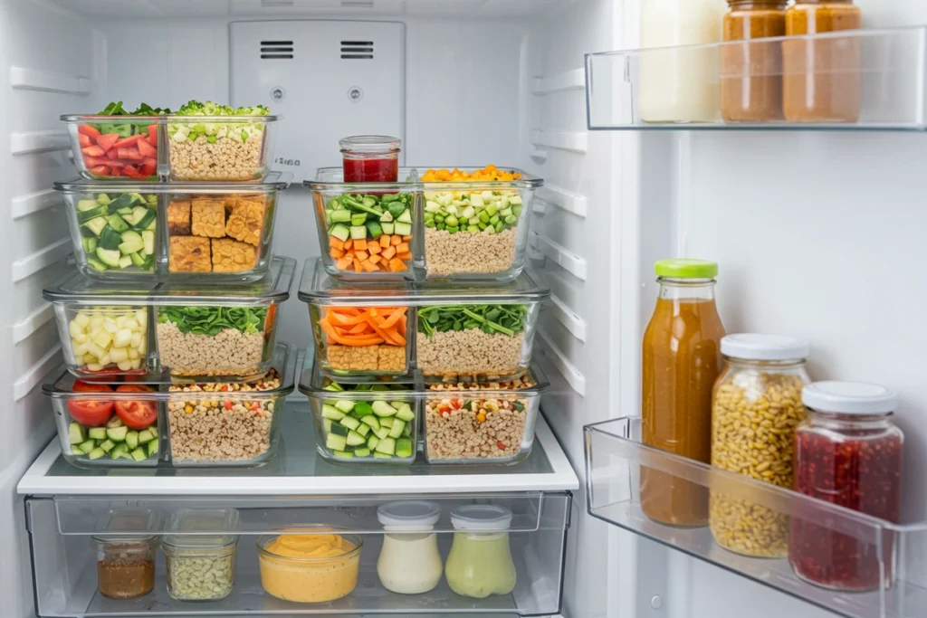 meal prep containers with vegetarian lunches