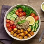 vegetarian lunch bowl with quinoa, tofu, and fresh vegetables