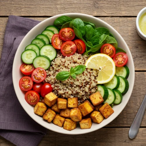 vegetarian lunch bowl with quinoa, tofu, and fresh vegetables