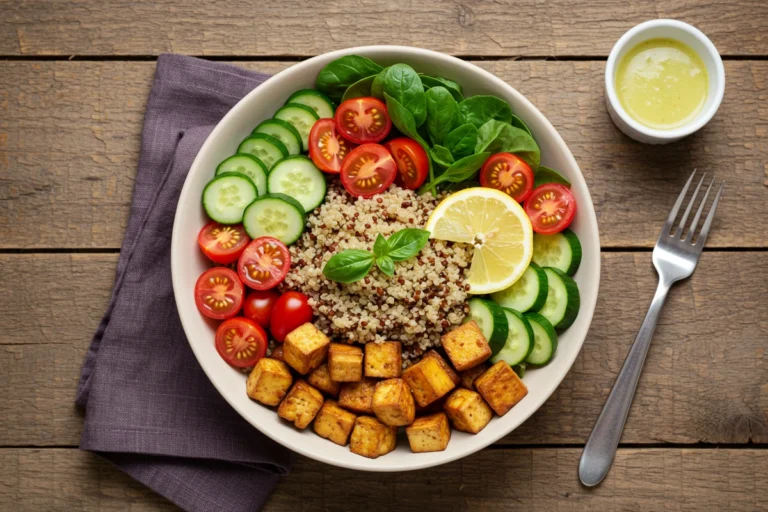 vegetarian lunch bowl with quinoa, tofu, and fresh vegetables